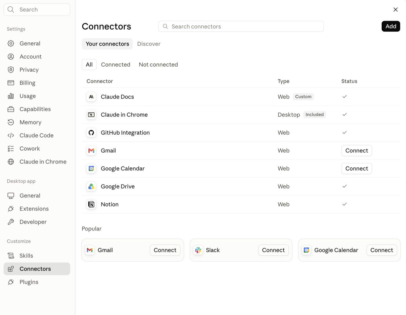 Connectors page with the Add button