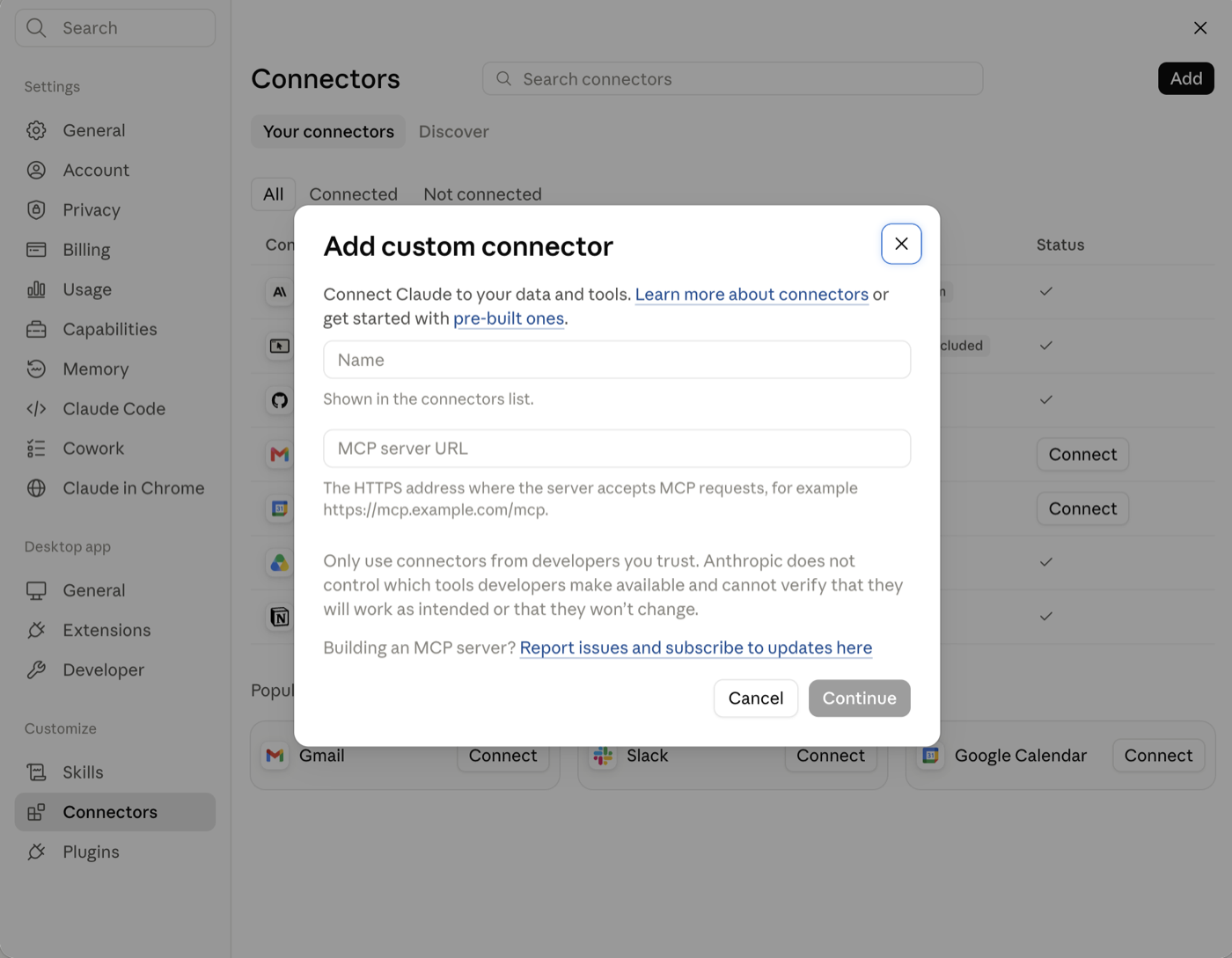 Empty Add custom connector window