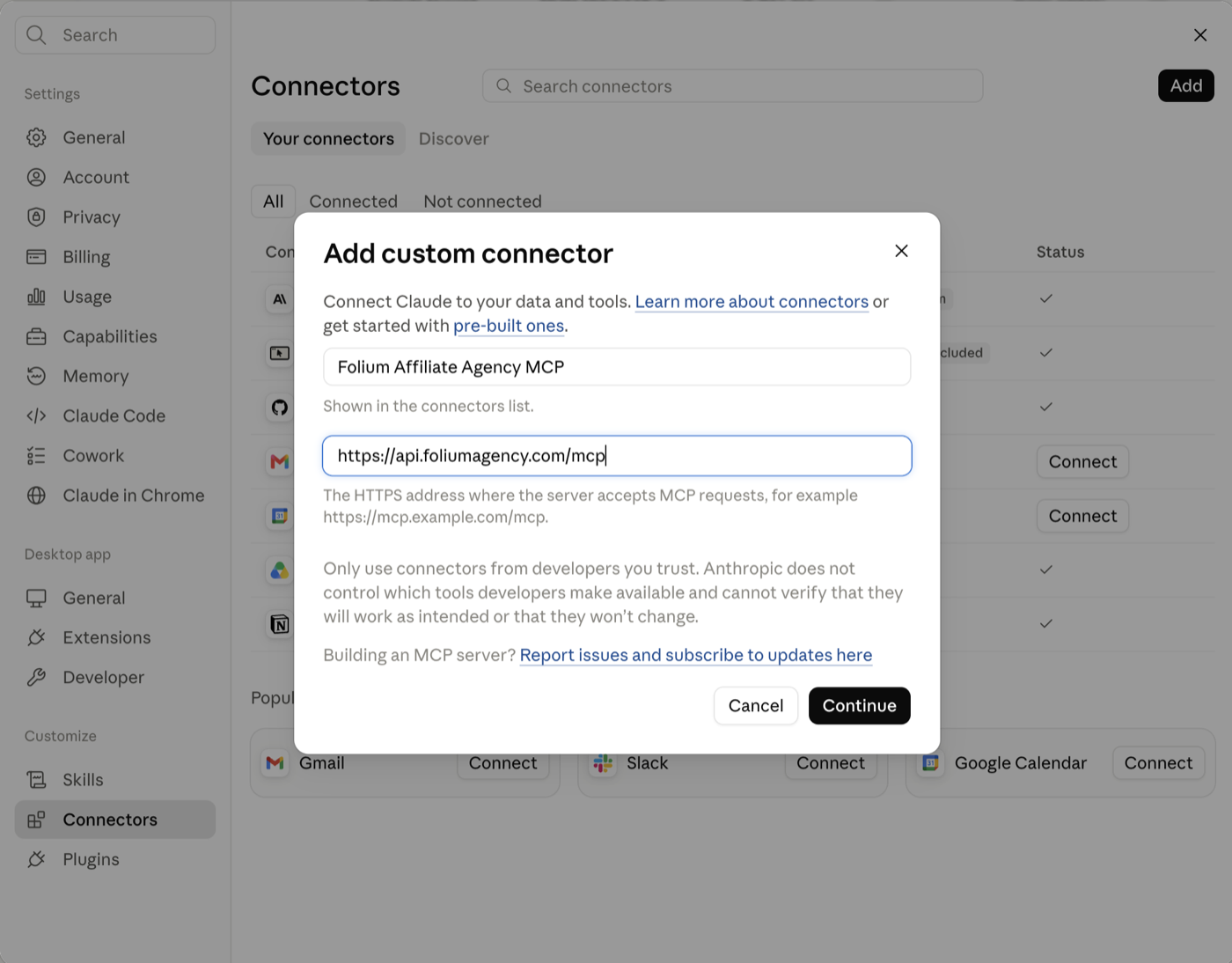 Name and URL filled in