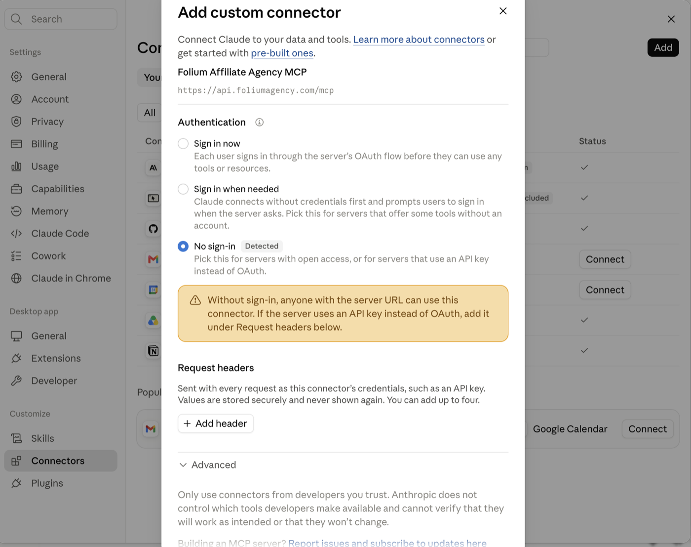 Authentication set to No sign-in