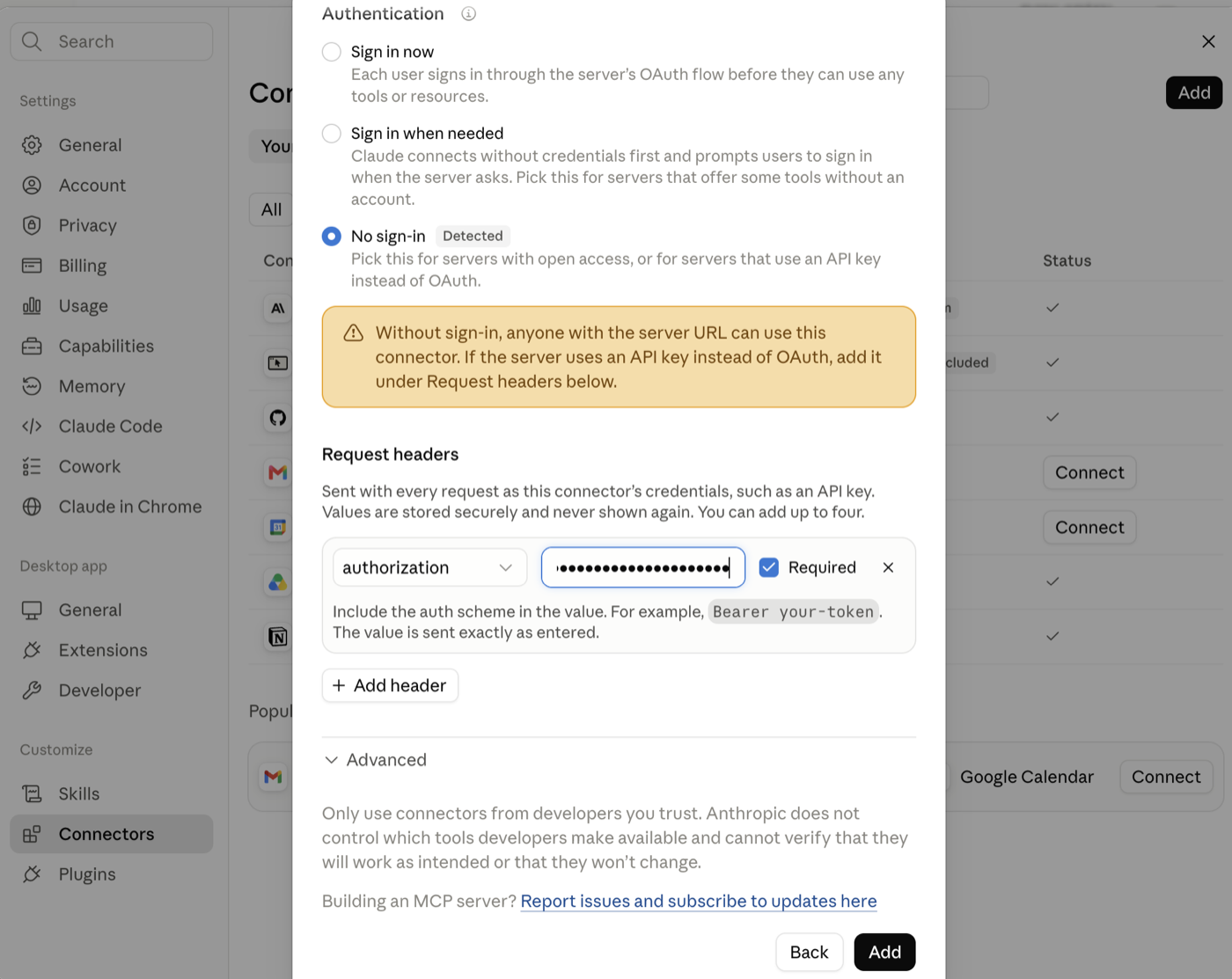Authorization header filled in